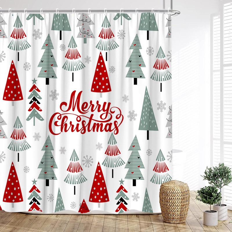 Christmas Shower Curtain Snowflake Star Xmas Trees Bath Curtains Polyester Fabric New Year Home Bathroom Decoration With Hooks