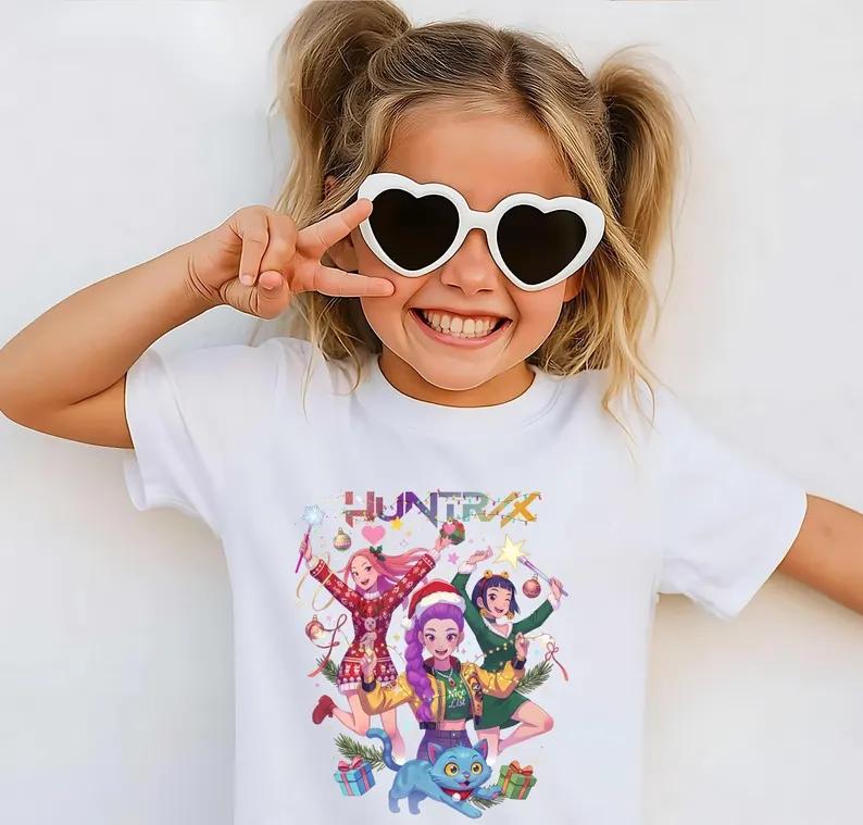 

Huntrix Christmas Cotton T-Shirt Kpop Demon Hunters Tee Saja Boys Merry Xmas Tee Holiday Kindergarten Kids Clothes 130