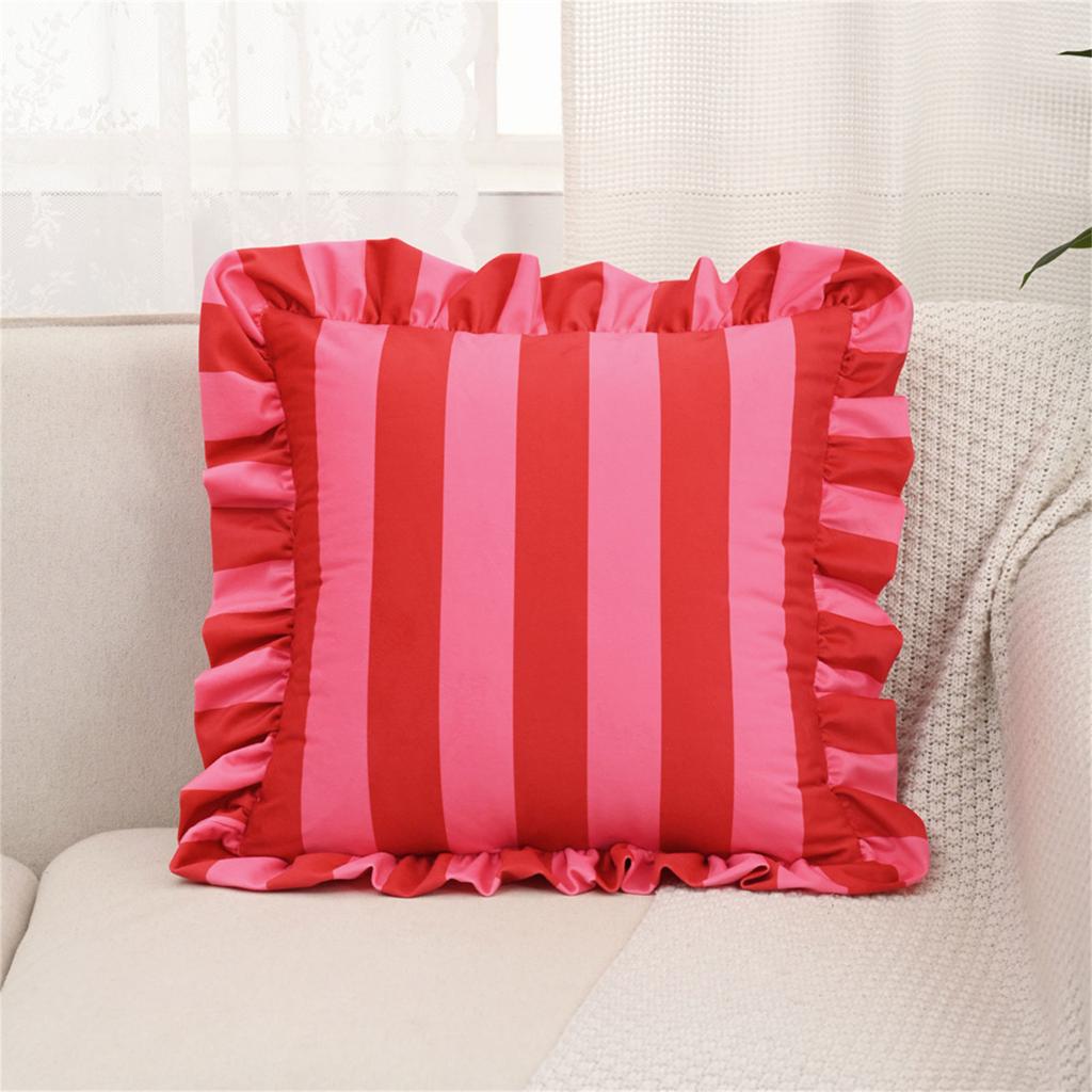 Stylish Square Pillow Cover With Ruffled Trim and Striped Pattern Design Throw Cushion Case For Sofa Bedroom Decors