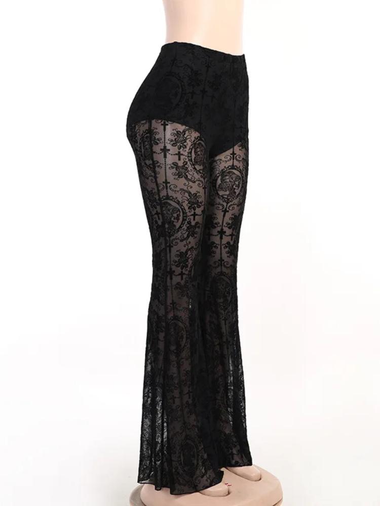 Summer Women's Pants Sexy Perspective Flared Pants Women's Streetwear Retro Lace Pants