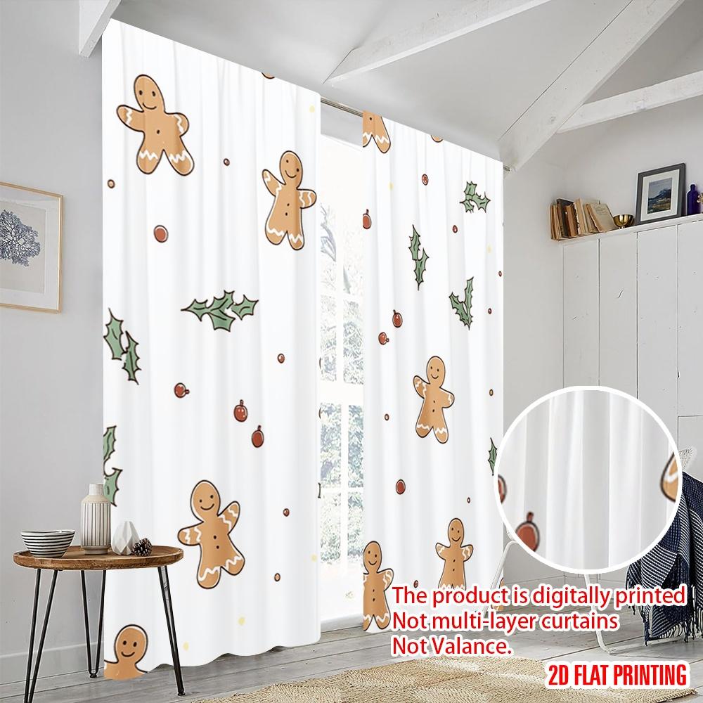 2pcs,2D Plane Printing Contemporary Curtains Gingerbread Christmas Holly Cute (3) Polyester Easy Install (without Rod)