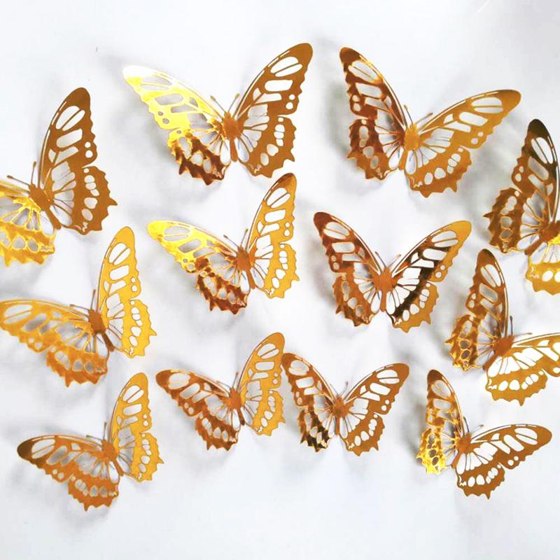 12Pcsset Gold Silver Hollow Butterfly Wall Stickers 3D Butterflies Bedroom Living Room Home Decoration Applique Wedding Decor