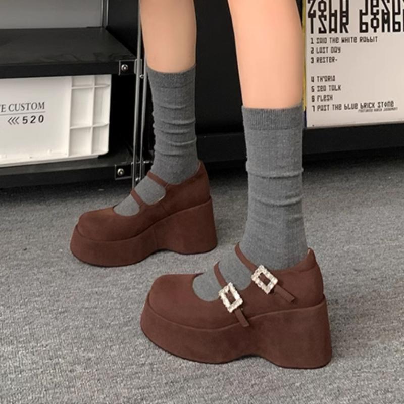 Fashion 2025 New Spring Platform Mary Jane Elegant Shoes Round Toe Crystal Belt Buckle Wedges Pumps Flat Platform Shoes