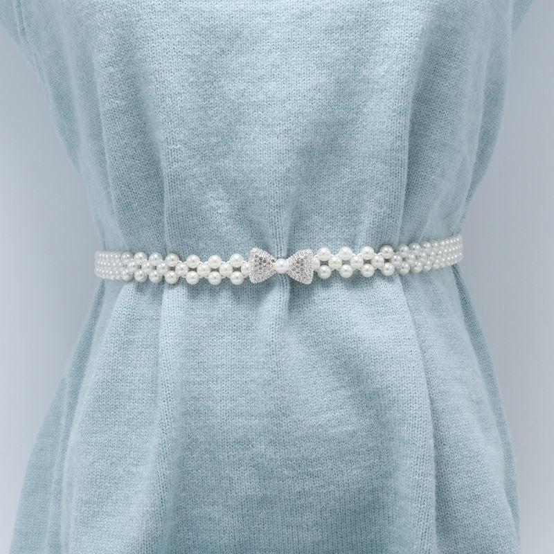 Women's Large Pearl Rhinestone Waist Chain Elastic Belt