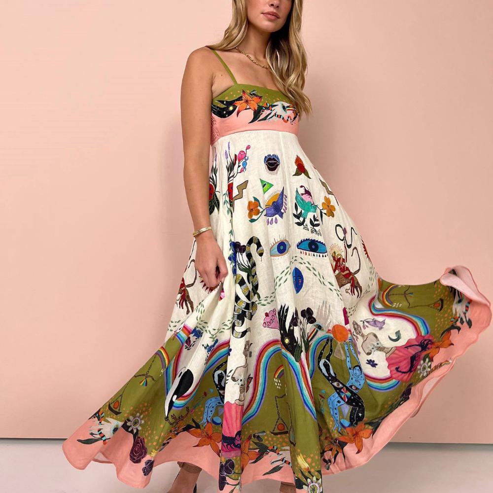 Women's Summer Casual Boho Long Sundress Strap Square Neck Sleeveless Maxi Dresses Flower Printed A Line Beach Dress for Women