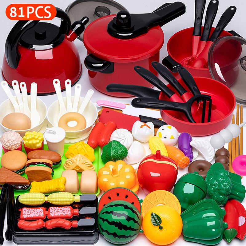 Kids Toys Pretend Play Red Kitchen Toys Simulation Food Cooking Girl's Boys Educational Play House Interactive Toys for Children