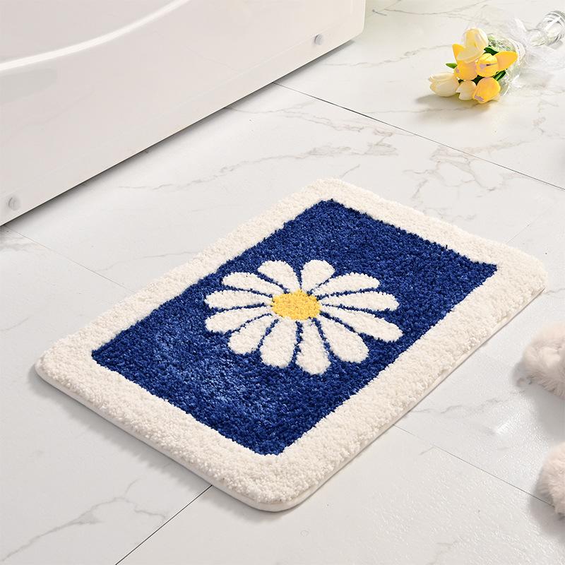 Inyahome Daisy Flower Bath Rugs Fluffy Soft Fiber Mat Non Slip Bathmat Plush Bathroom Rug for Bathroom Shower Room Floor Carpets