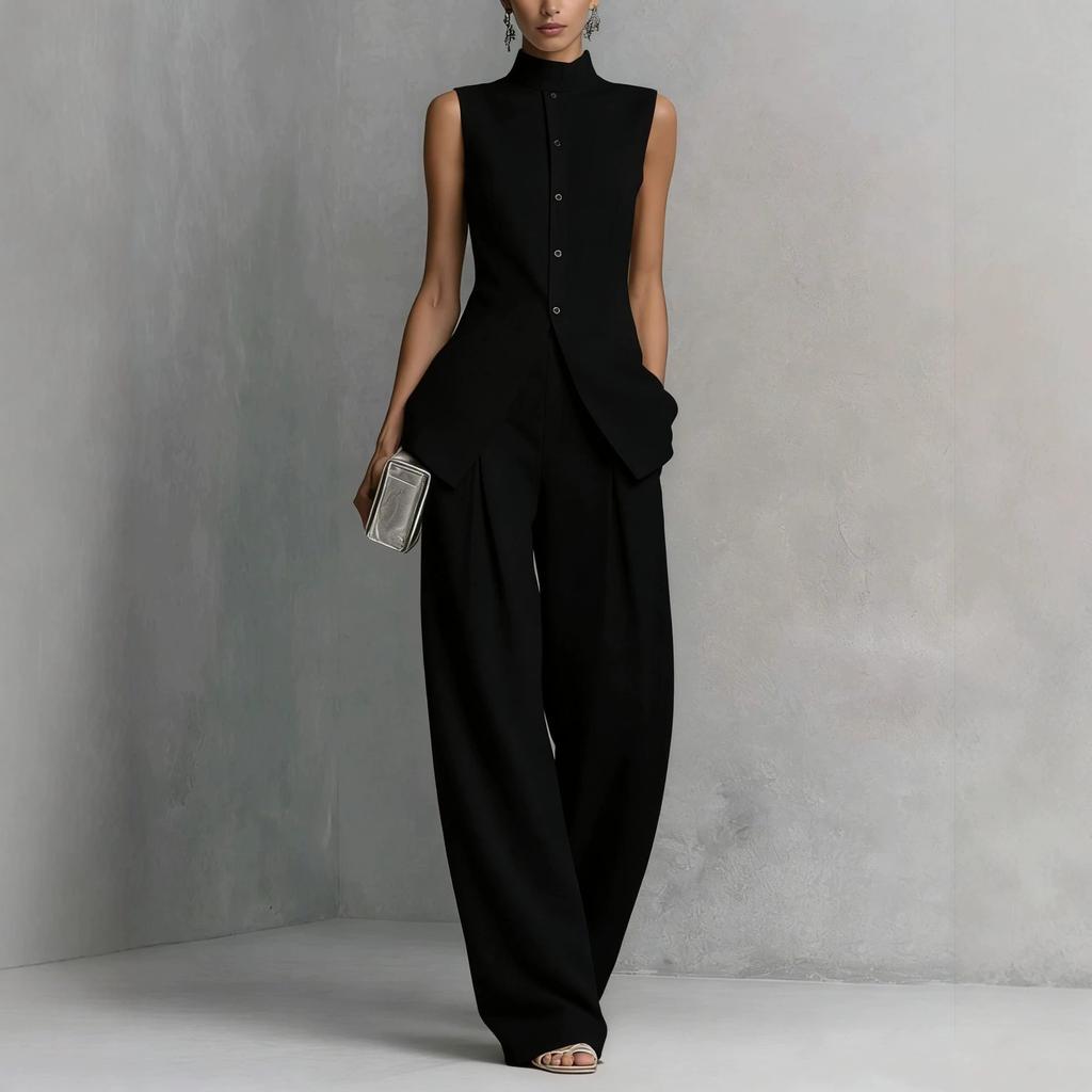 1116 European and American drape cotton and linen shirt solid color fashion temperament sleeveless trousers suit