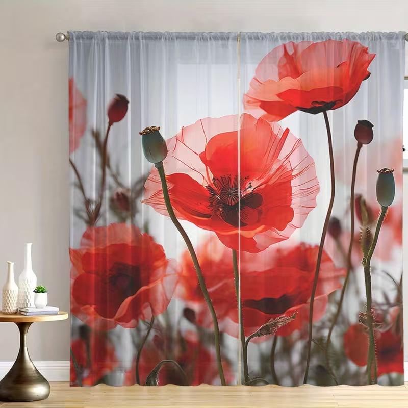 2 Pcs Red flowers print curtains,suitable for bedroom,living room kitchen decoration,home decoration,window decoration
