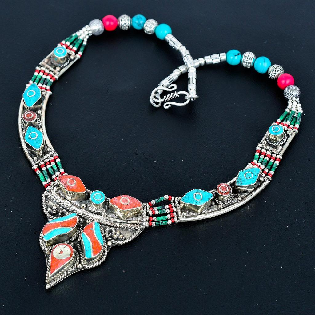 Natural Turquoise, Red Coral 925 Sterling Silver Necklace Tibetan Silver Bohemian Antique Necklace Handmade Jewelry Nepali Necklace Gift