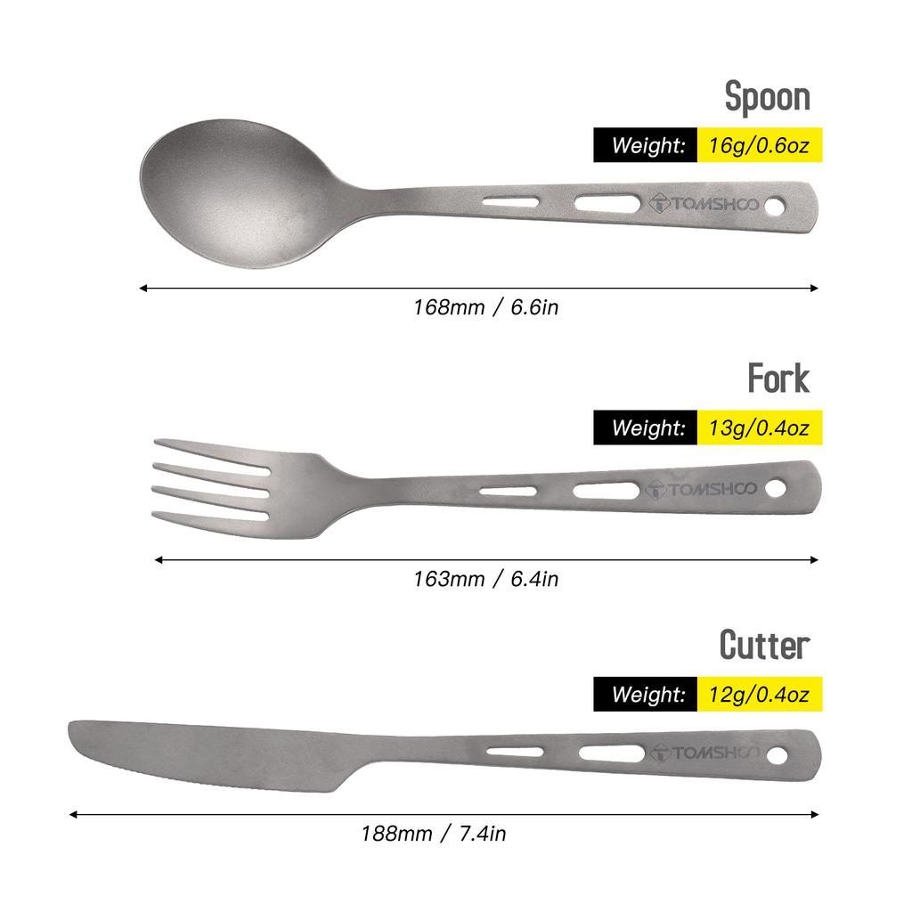 TOMSHOO Titanyum 3 Parça Çatal Bıçak Takımı Karabina ve İpli Hafif Kaşık Çatal Kesici