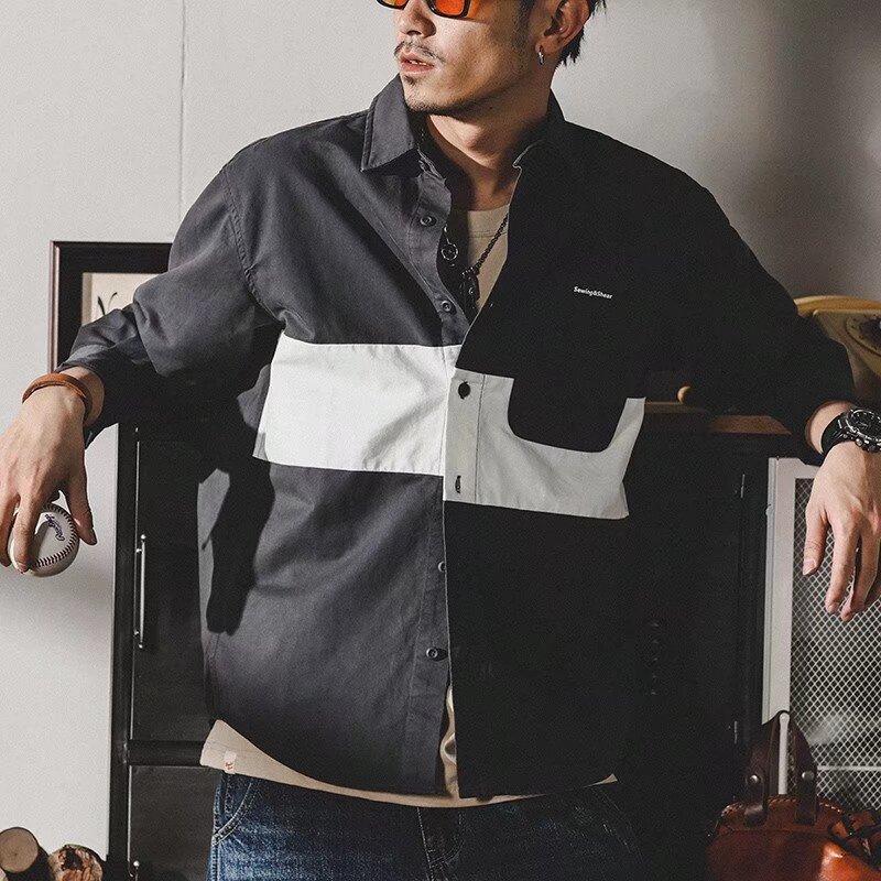 Colorblocking-Arbeitshemd für Herren, langärmelig, locker, gutaussehend, lässig, vielseitig, Spleißhemdjacke, Flut
