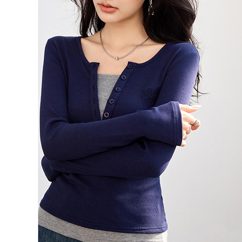 Jarní Nové Americké Retro Falešné Dvoudílné Tričko s Dlouhým Rukávem pro Žhavou Ženu Slim-fit Základní Top