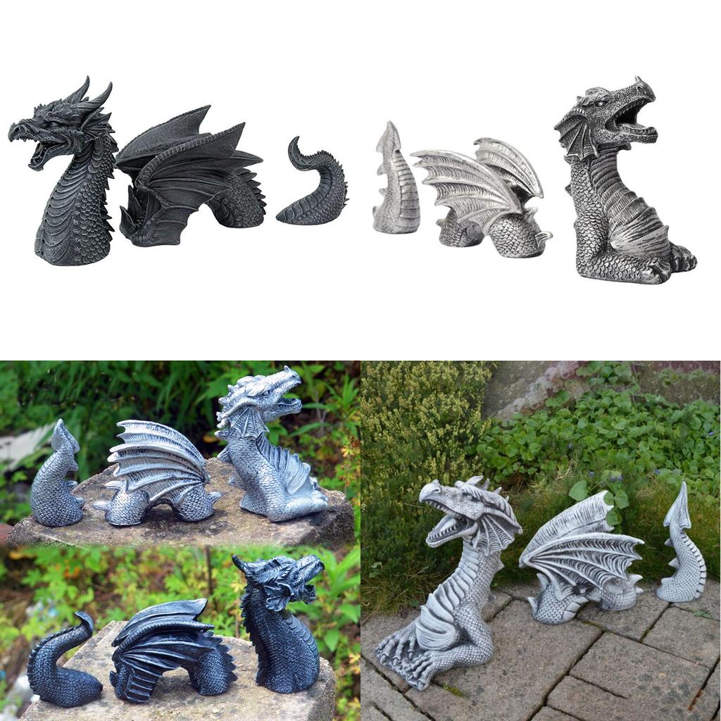 Elegant Black And Silver Three-section Dragon Sculpture Perfect For Garden Art Displays