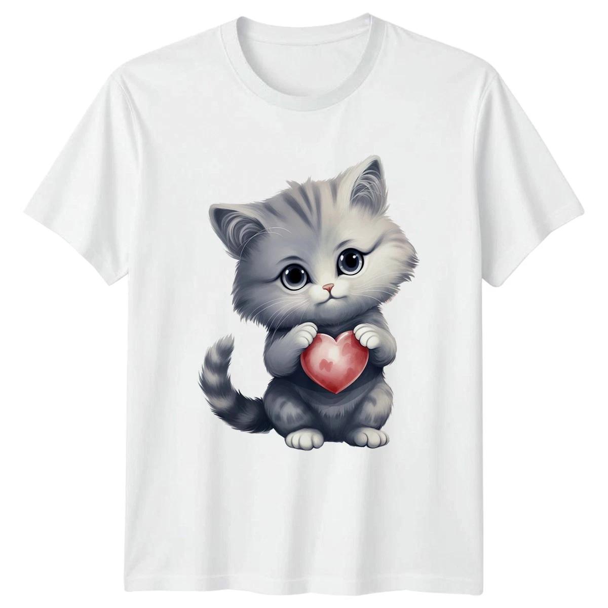 Kitten Holding Heart Animals Cats Mens T-Shirt Womens Tee Graphic Unisex Top XXXL