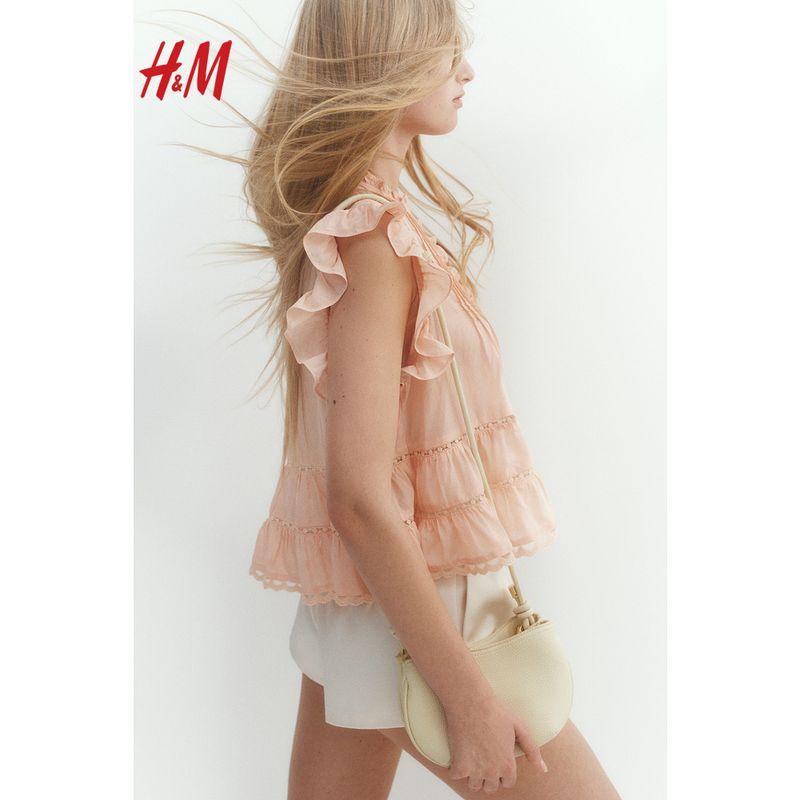 

HM Women s Shirt 2025 Summer New Arrival Loose Pleated Fashion Deep V Neckline Button Flounced Sleeve Tops 1282025 Peach Pink 165/96(M)