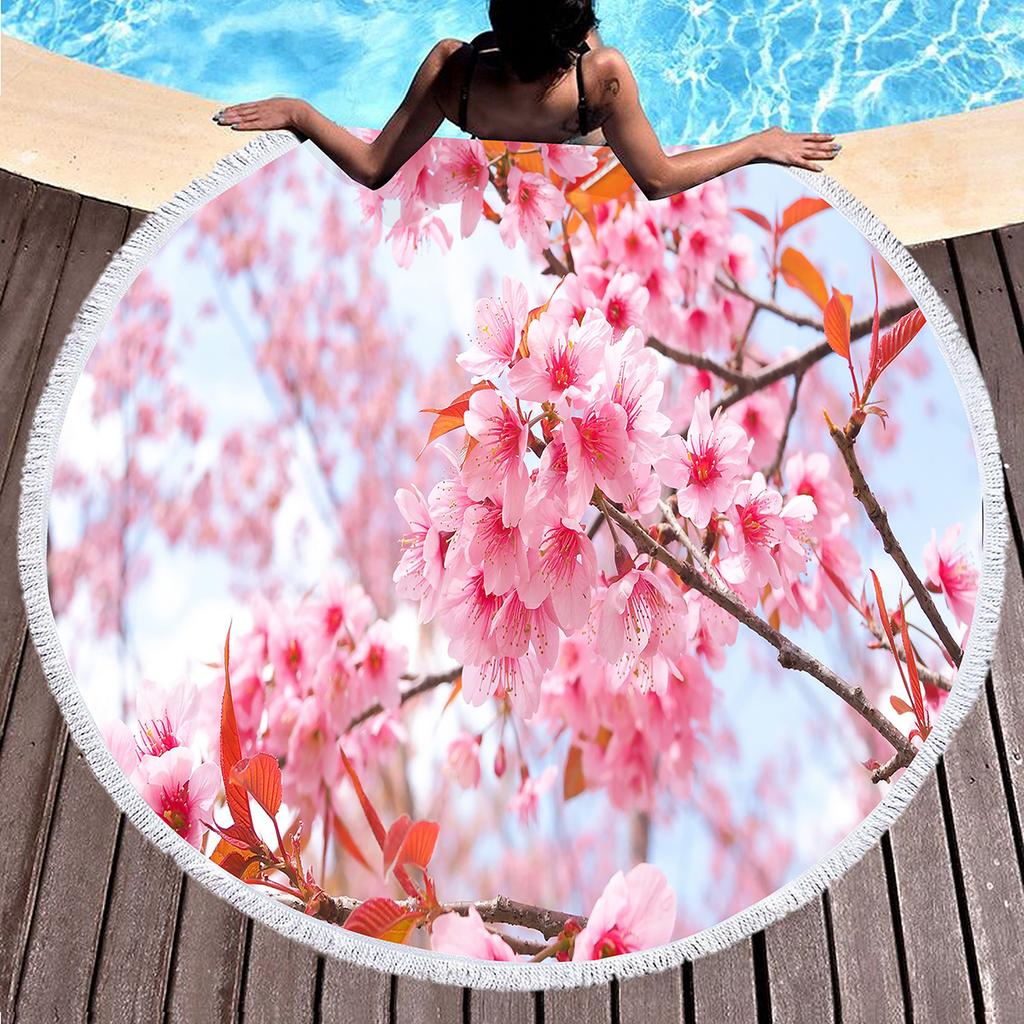 Cherry Blossom Round Beach Towel,Pink Romantic Cherry Blossom Sand Proof Beach Blanket Absorbent Quick Dry Pool Towel Picnic Mat