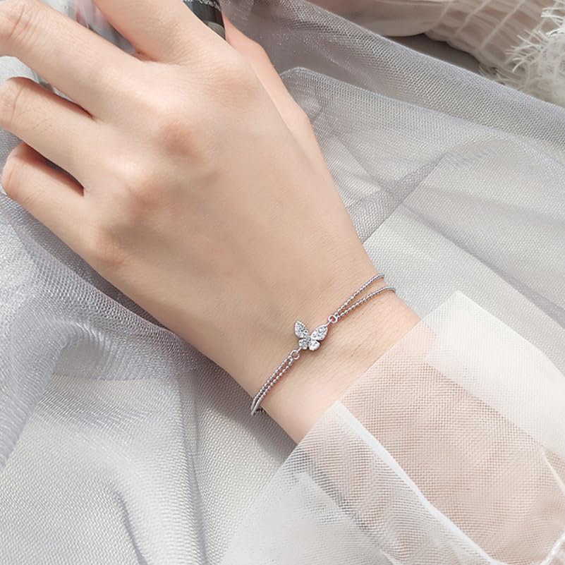TENDYCOCO Butterfly Bracelet, Double Chain, 925 Sterling Silver, Women's, Cute, Simple, Adjustable, Stackable