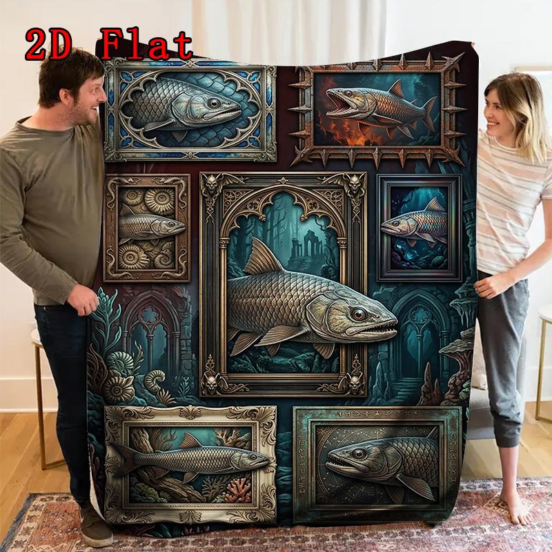 Prehistoric Fish Art 2D Flat Pattern Flannel Blanket, High Quality All Seasons, Home Decor, Warmth and Comfort, Perfect for Christmas Gifts.