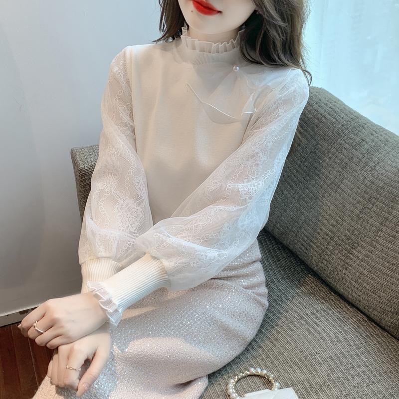 Temperament Spinning Spitze Laterne Ärmeln Gestrickte Pullover Stehkragen Rüschen Bodenbildung Top Weibliche Lange Hülse Knittwear