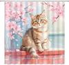 Flowers and Cat Shower Curtain Watercolor Pink Floral Cute Pet Animal Kitty Kitten Aesthetic Bathroom Decor Curtains Set with