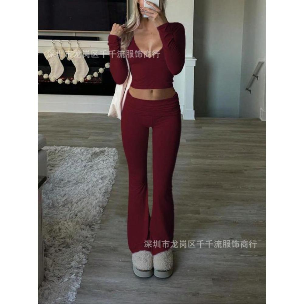 Women's V Neck Long Sleeve Crop Top High Waist Flare Pants 2 Piece Lounge Set