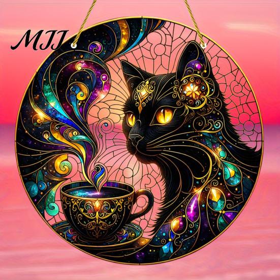 Retro Totems Glass Decoration Stained Style Black Cat And Magic Coffee Cup Hanging Ornament for Window Wall Artistic Art Decor, Acrylic