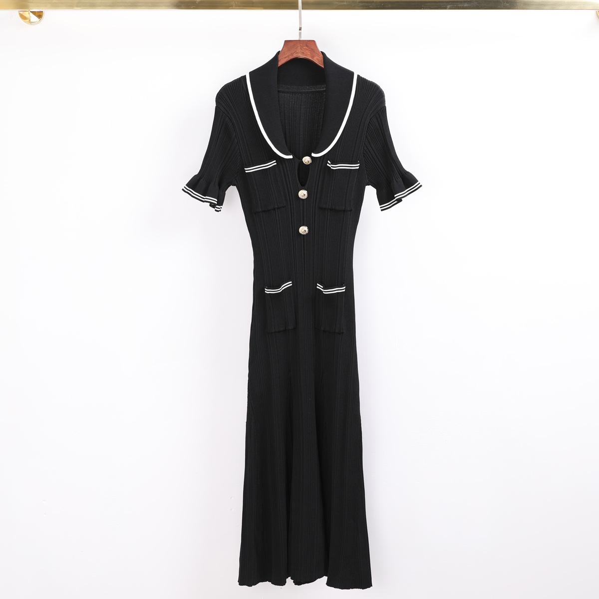 High-quality new fashionable knit lapel slim fit short-sleeve lotus short-sleeve women s dress for spring and summer S чёрный