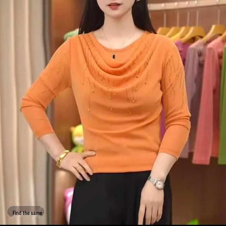 

Summer 2026 Elegant Beaded Mesh T-shirt: Round Neck, Long Sleeve – Age-Reducing Trendy Top for Women & Moms, Small 2XL (110-120 jin) помаранчевий