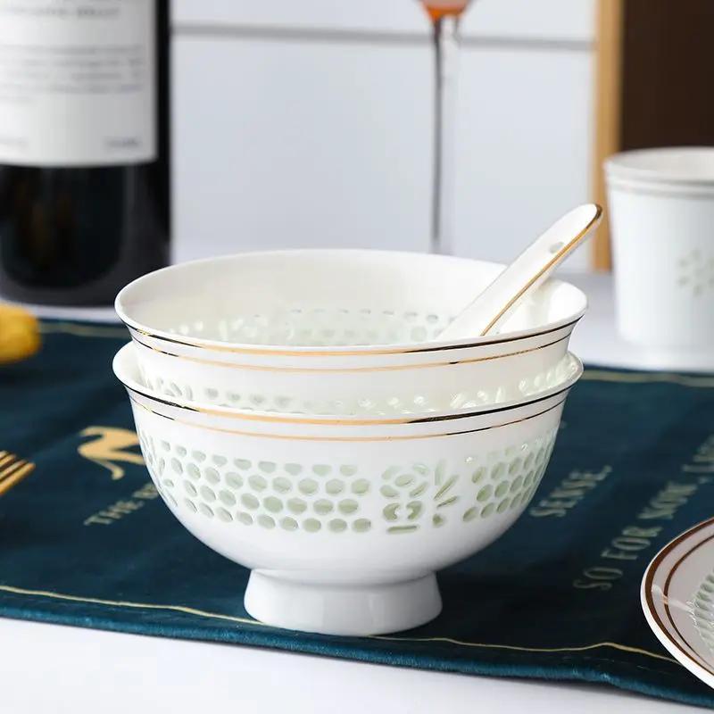 Keramik reinweiß exquisit Haushalt Chinesisch hochtemperaturbeständig hoher Fuß Anti-Verbrühung Reisschüssel