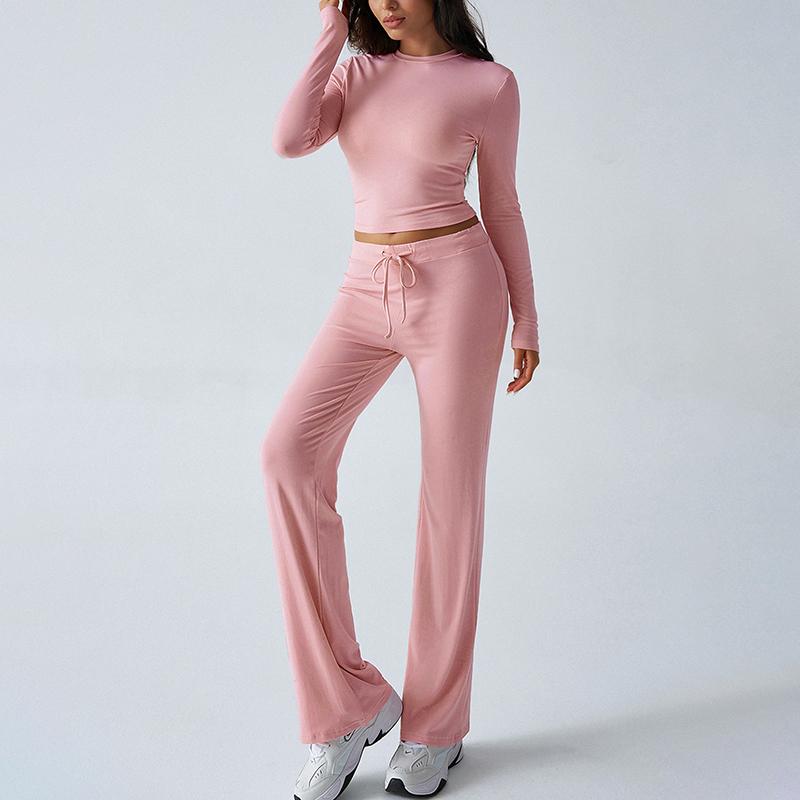 Women's Sports Yoga Long Sleeve T-Shirt Solid Color Pants Set Two Pieces