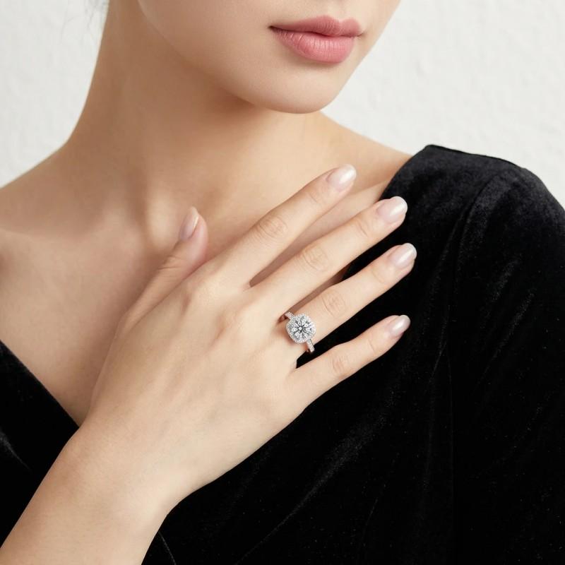 Adjustable Open Ring Women With Moissanite Square Setting Geometric Style Sterling Fashion Jewelry Gift