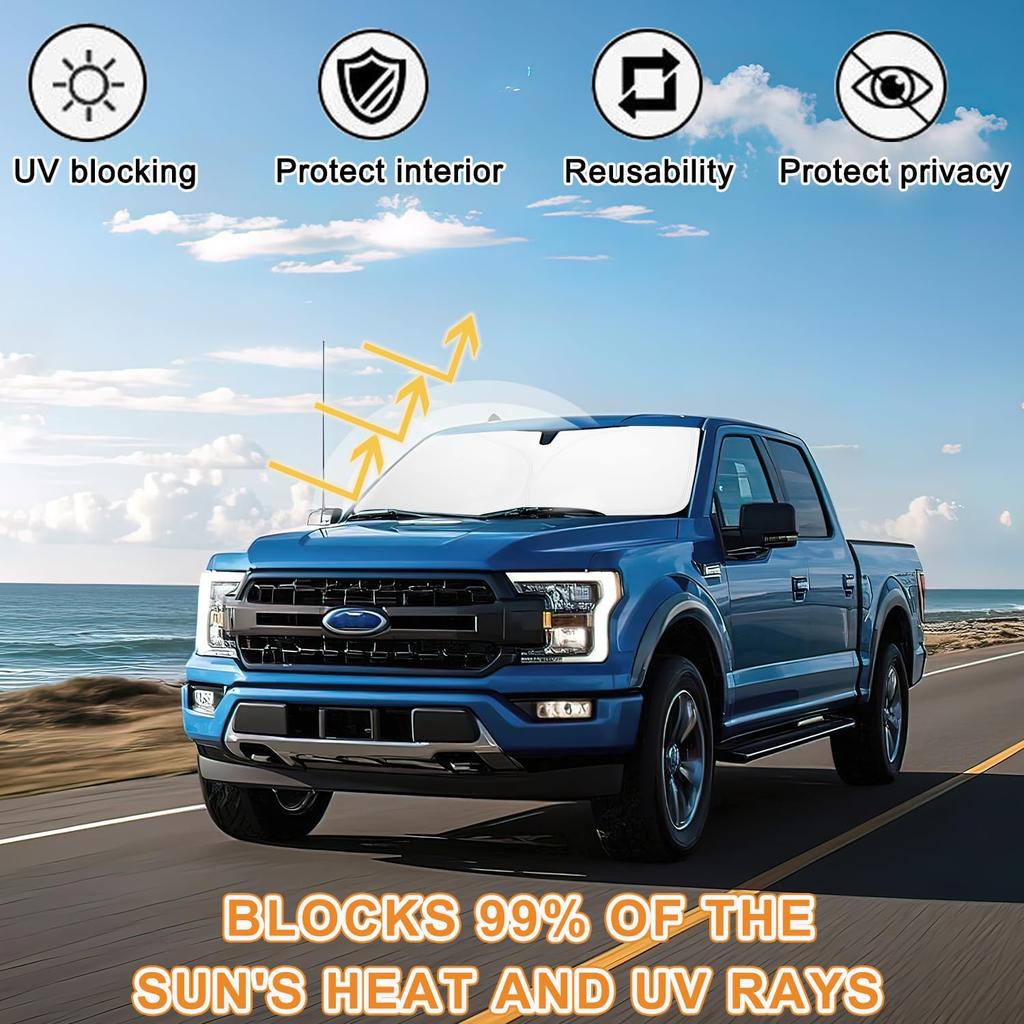 PIMCAR Windshield Sun Shade For Ford F150 -2025 | Premium 310T Reflective UV & Heat Protection |  Fit Foldable Sunshade With Storage Pouch, Dashboard
