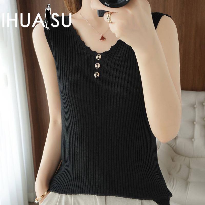 IHUASU Dámské letní tílko s výstřihem do V z ledového hedvábí, bez rukávů, pletené tričko, top, zakřivené korálky, slim, s krátkým rukávem, spodní topy