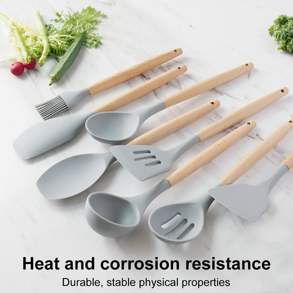 Silicone Kitchenware Wooden Handle Handheld Safe Non-stick Anti-rust Washable Cookware Indoor Restaurant Cooking Tool