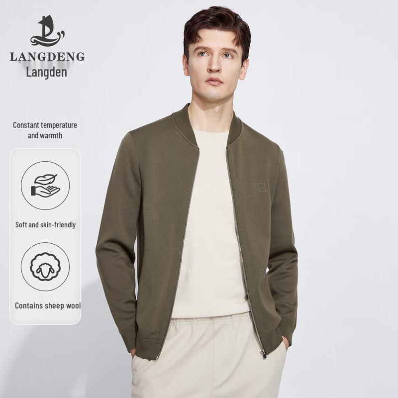 Langdeng Men's Thick Merino Wool Blend Zipper Cardigan Jacket