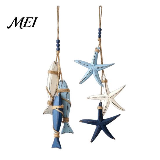 Handmade Hanging Wall Art 1/2Pcs Bohemian Wooden Starfish Decoration, Fish Ornament, Entryway Decorations Coastal Nautical Pendant for Home