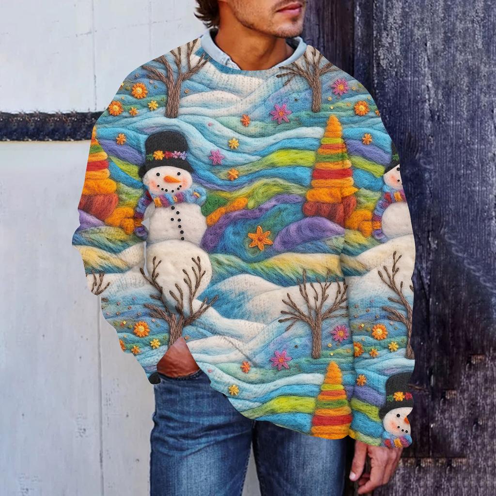 Men's Christmas Print Faux Sweater, Crewneck Sweatshirt, Loose Long-sleeved Top