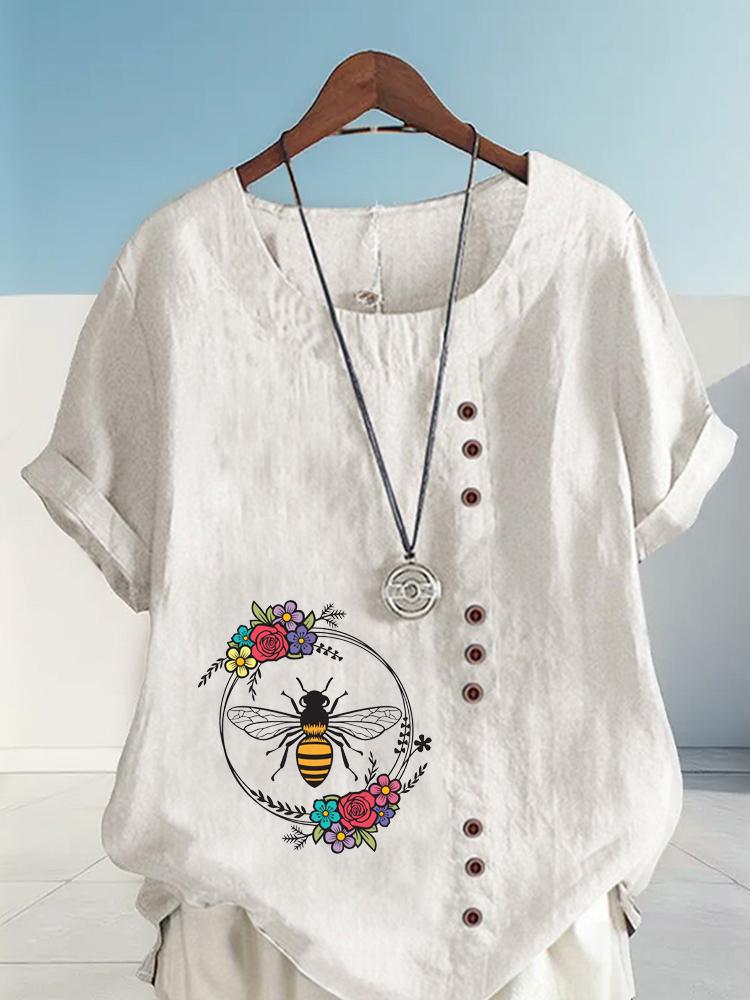 Women's Fashion Bee Flowers Print Shot Sleeve T-shirt Loose Cotton Shirt Casual Loose Summer Blouse Tops Plus Size