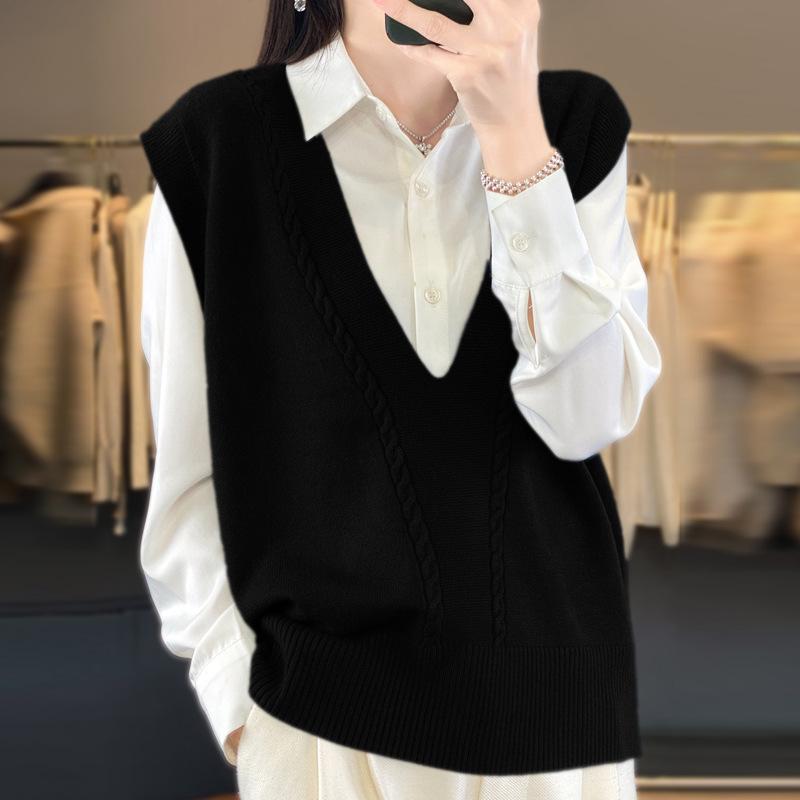 

24 осень новый женский вязаный жилет жилет жилет глубокий V-образный вырез пуловер жаккардовый свободный топ без рукавов XXL