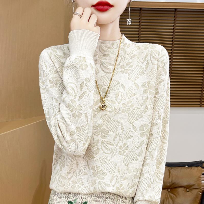 Women's Wool Knit Sweater, Autumn 2026 Collection, Half-High Neck, Jacquard Korean Style