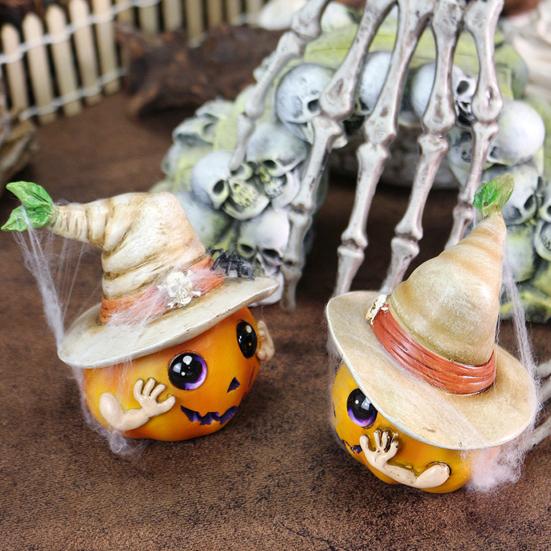 Halloween Pumpkin Ornament Spooky Resin Pumpkin Statue with Hat Spider Skull for Halloween Home Tabletop Decor