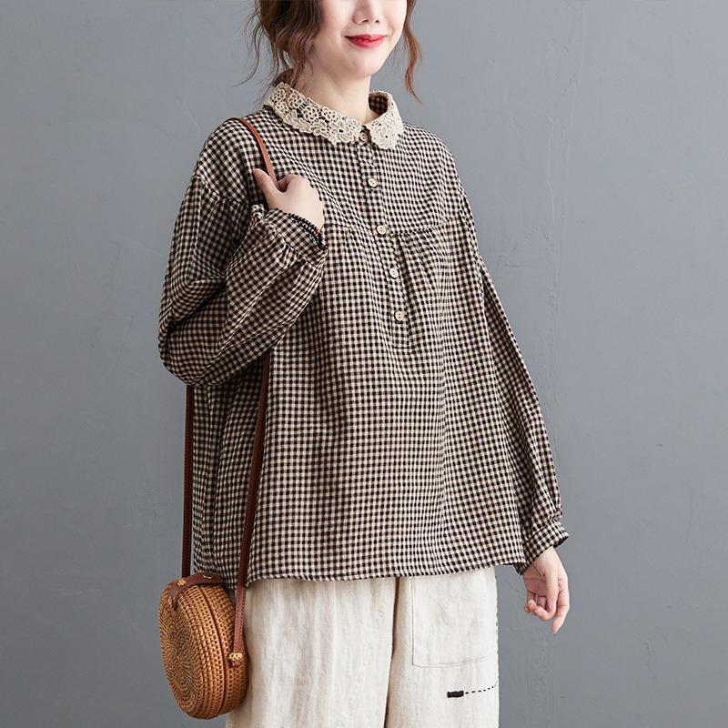 Plus Size Women Plaid Long Sleeve Turn Down Collar Casual Daily Blouse
