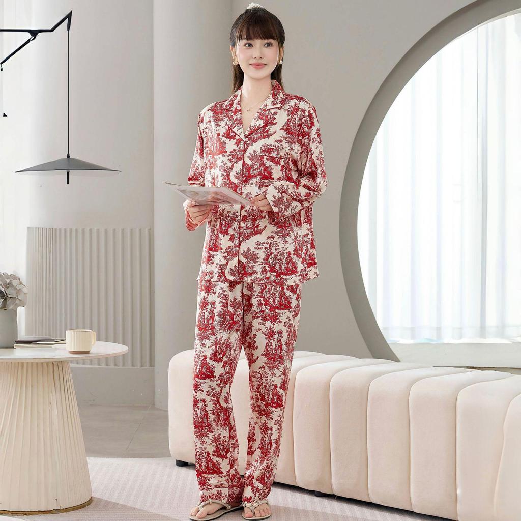 Women's Ink Wash Pajama Cardigan Set - Thin, Comfortable, Long Sleeve for Home or Casual Outside Wear in Spring and Autumn.