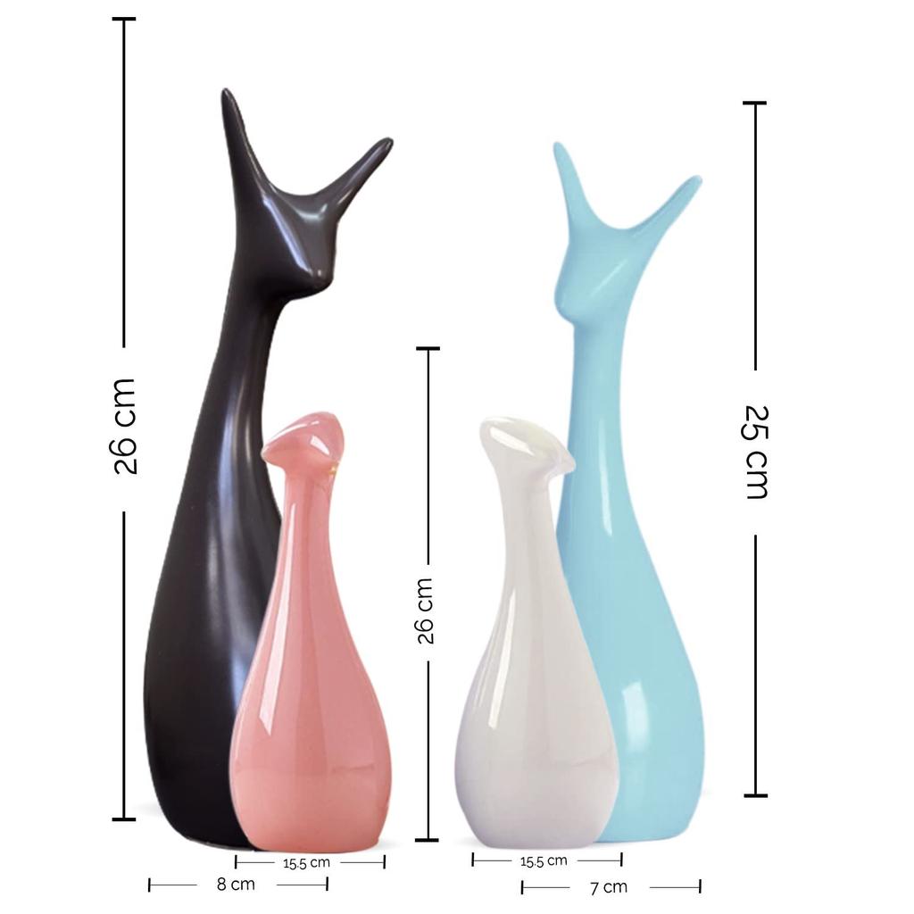 Home Decor Lucky Deer Family Matte Finish Ceramic Figures- (Set of 4, Sky, Brown, Pink, Off-White)