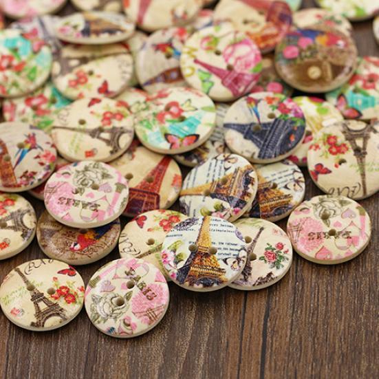 50 Pcs Eiffel Tower Flower 2 Holes Wooden Buttons Sewing DIY Craft Scrapbooking