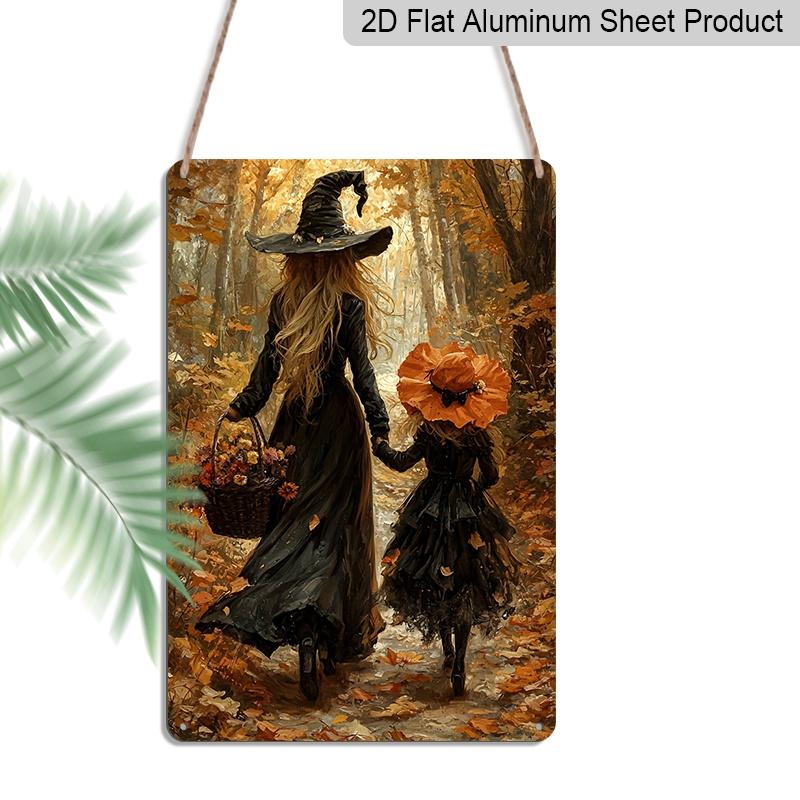 2D Flat Autumn Forest Mother and Little Witch Holding Hands Vintage Metal Sign‑8.0x12.0inch Aluminum Wall Art, Fall Halloween Farmhouse Porch Decor