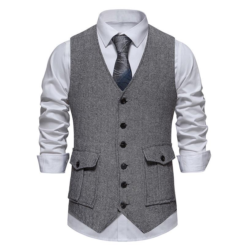 Retro Single-Breasted Men's Suit Vest with Three-Dimensional Pockets