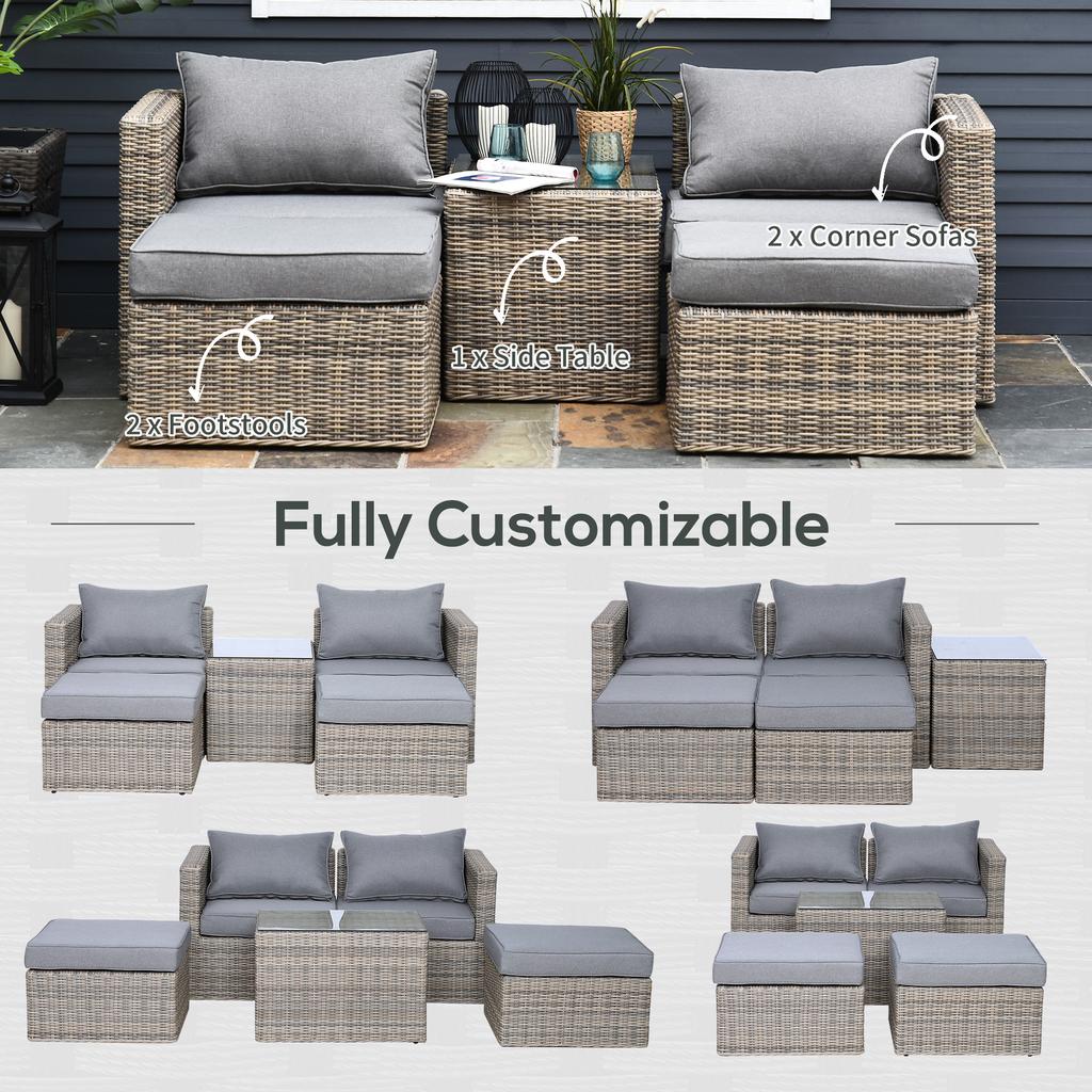 5 Piece Rattan Garden Furniture Set W/ 10cm Thick Cushions, Aluminium Frame Wicker Outdoor Balcony Sofa Set with Corner Armchairs, Ottomans