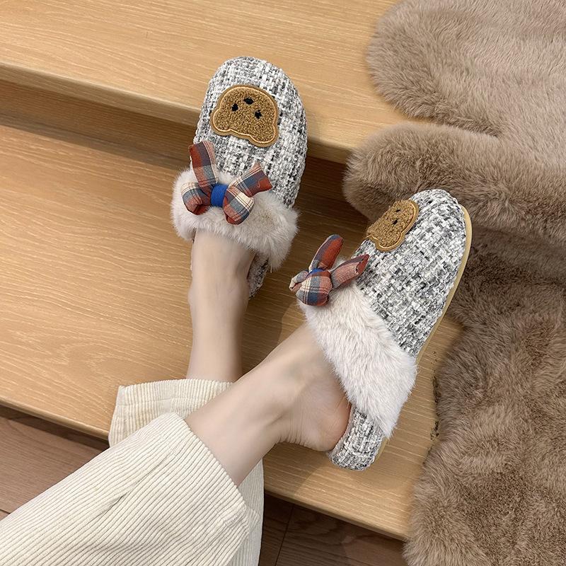 Autumn and Winter New Mao Mao Shoes Women's Shoes Flat Slippers Women's One-word Drag Cute Bear Cartoon Platform Outdoor Velvet To Keep Warm